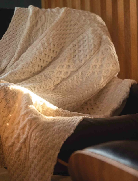 Aran Patchwork Merino Wool Throw - color: Natural White; type: Front