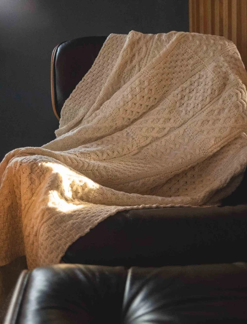 Aran Patchwork Merino Wool Throw - color: Natural White; type: Front