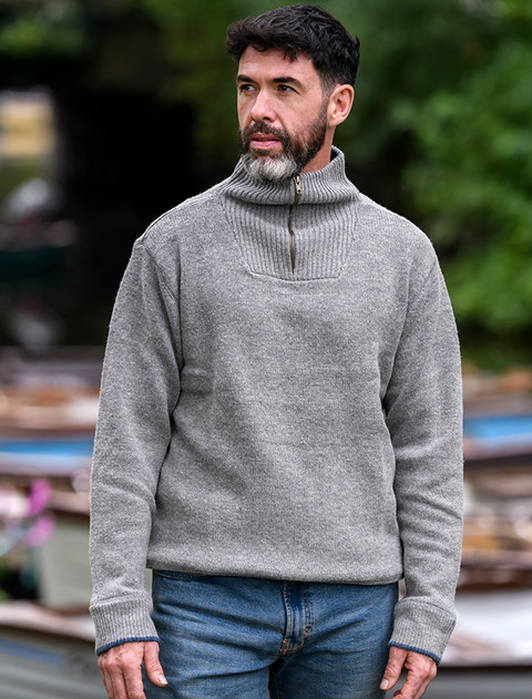 Mens Half Zip Irish Wool Sweater - Grey Smoke