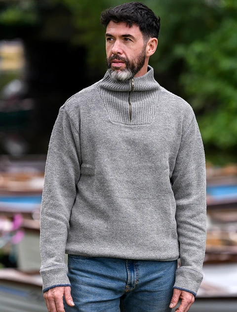 Mens Half Zip Wool Sweater - Grey Smoke