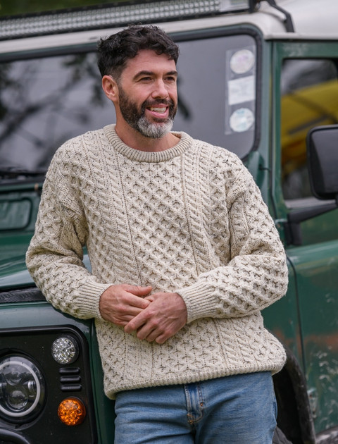 Mens Heavyweight Traditional Aran Wool Sweater - White Fleck