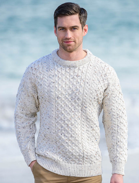 Mens Heavyweight Traditional Aran Wool Sweater - White Fleck