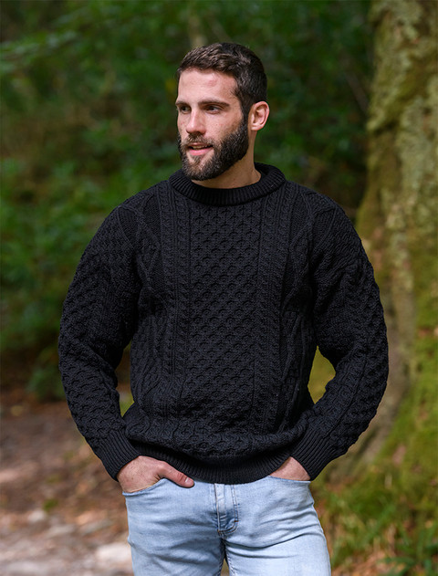 Men's Cable Knit Crew Neck Aran Wool Sweater -  Black