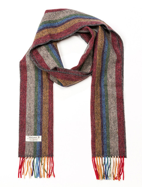 Narrow Lambswool Striped Scarf - Multi-Colour Herringbone