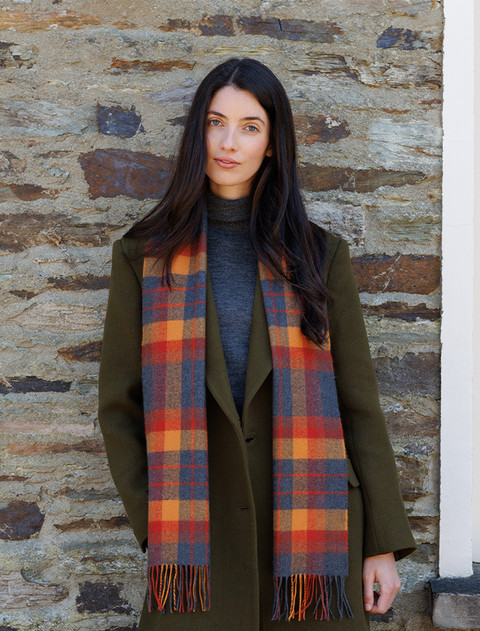 Merino Luxury Wool Scarf - Orange Charcoal Plaid