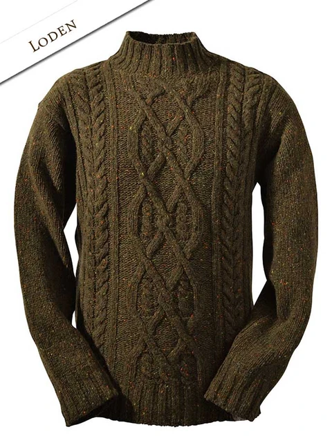 Wool Cashmere Aran Mock Turtleneck Sweater - Loden