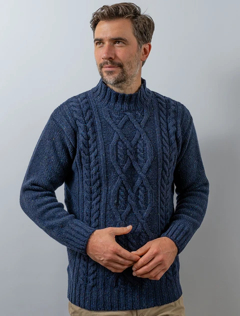 Wool Cashmere Aran Mock Turtleneck Sweater - Rich Navy