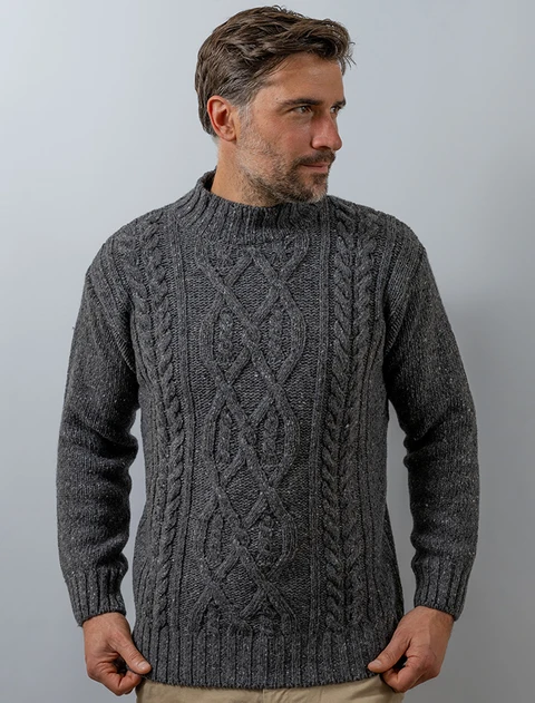 Wool Cashmere Aran Mock Turtleneck Sweater - Middle  Grey