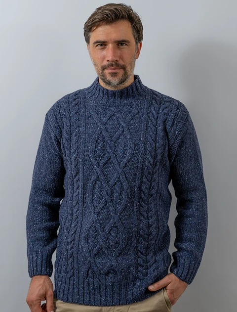 Wool Cashmere Aran Mock Turtleneck Sweater - Denim