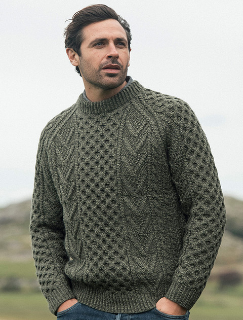 Mens Handknit Honeycomb Stitch Sweater - Moss Green