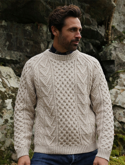 Mens Handknit Honeycomb Stitch Sweater - Honey Oat