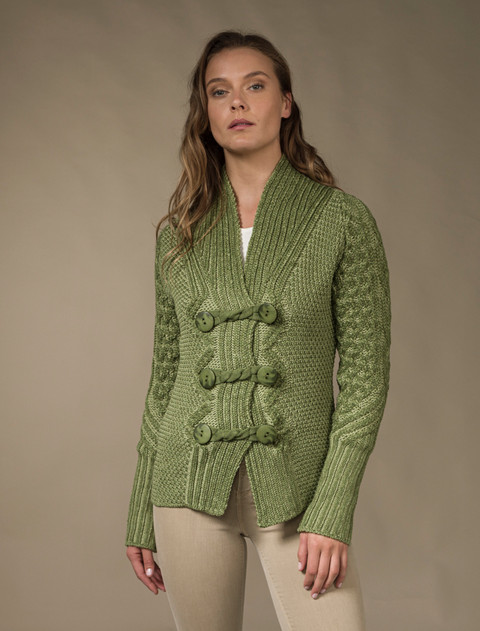 Shawl Neck Two-Tone Merino Cardigan - Grass