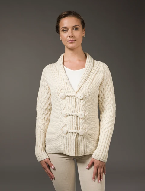 Shawl Neck Two-Tone Merino Cardigan - Natural White