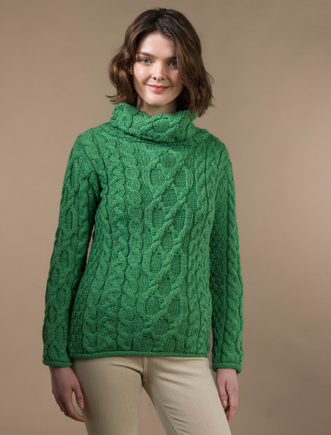 Womens Turtleneck Cable Knit Sweater - Green Marl