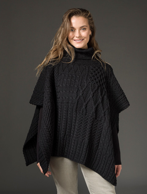 Merino Wool Patchwork Poncho with Collar - Black