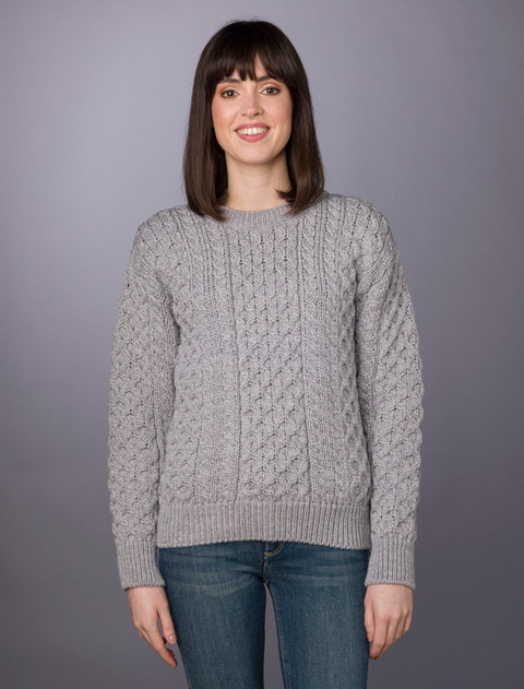 Women's Heavyweight Traditional Aran Wool Sweater - Soft Grey