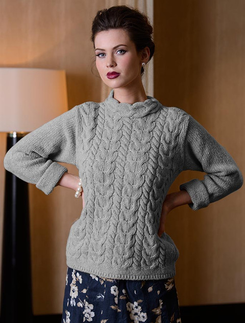 Wool Cashmere Aran Cable Merino Sweater - Light Grey