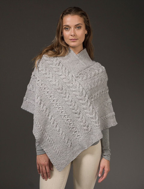 Aran Cable Poncho - Soft Grey