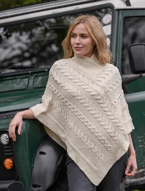 Aran Cable Poncho - White