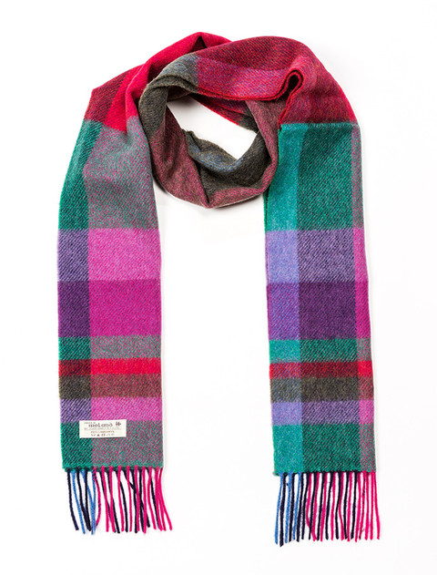 Narrow Lambswool Plaid Scarf - Green Fuschia