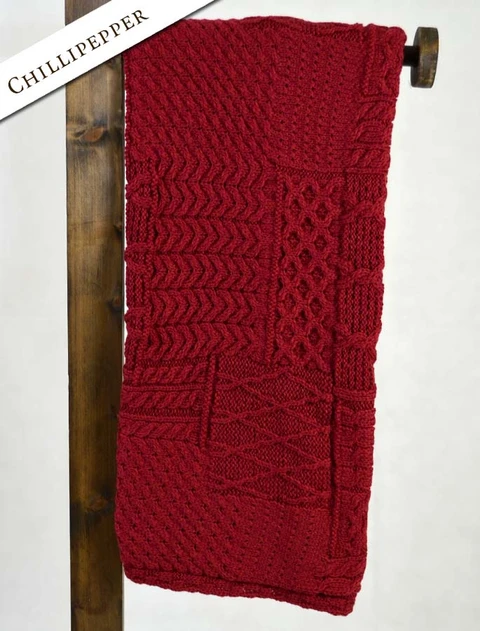 Merino Aran Patchwork Throw - Chillipepper