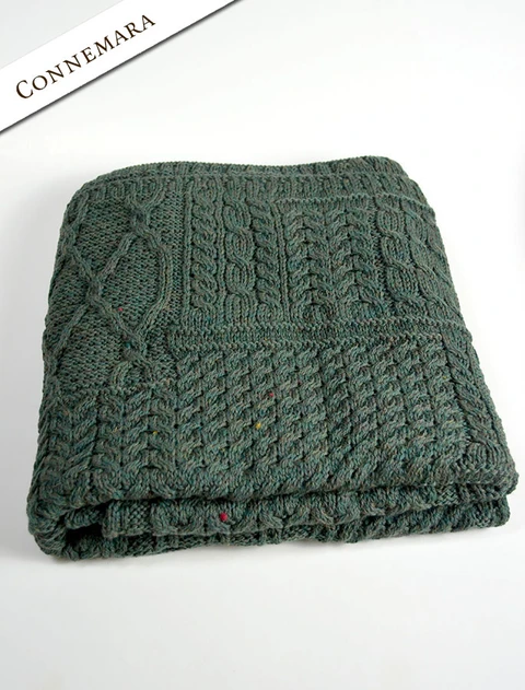 Merino Aran Patchwork Throw - Connemara Green