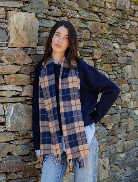 Fine Merino Plaid Scarf - Beige Navy