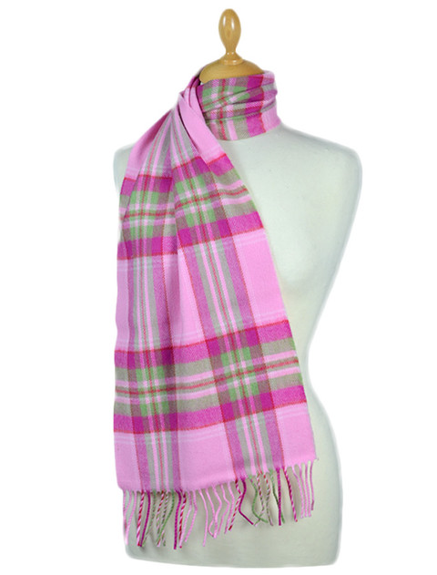 Fine Merino Plaid Scarf - Pink Green