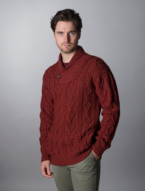 Shawl Collar Sweater - One Button Fisherman Sweater - Sienna