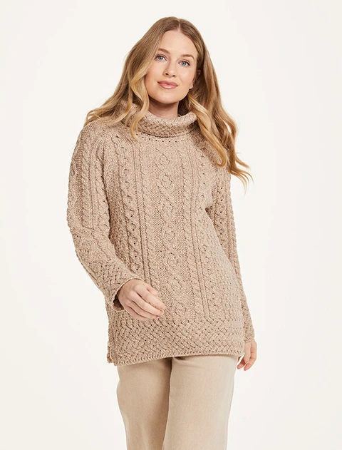 Aran Cowl Neck Tunic Sweater - Wicker