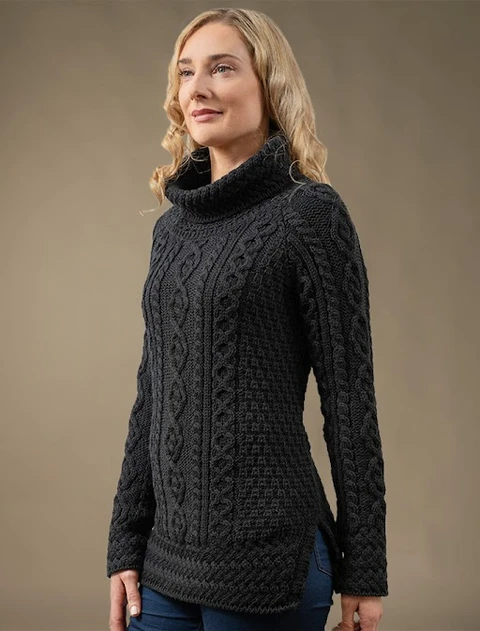 Aran Cowl Neck Tunic Sweater - Black