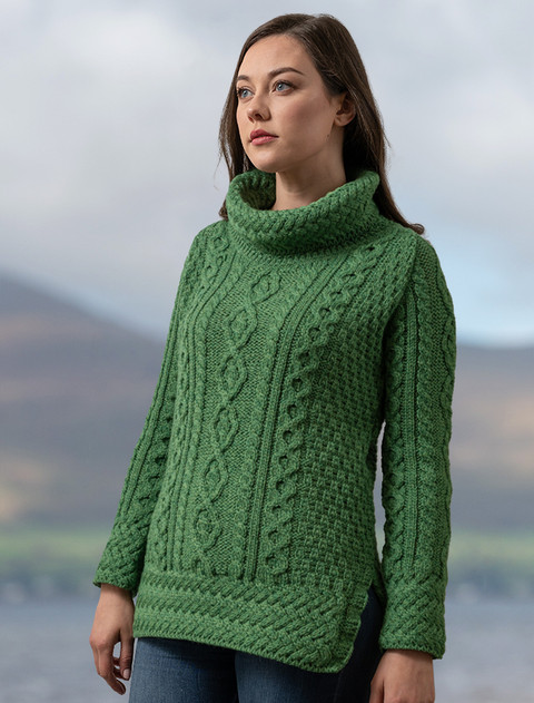 Aran Cowl Neck Tunic Sweater - Kiwi