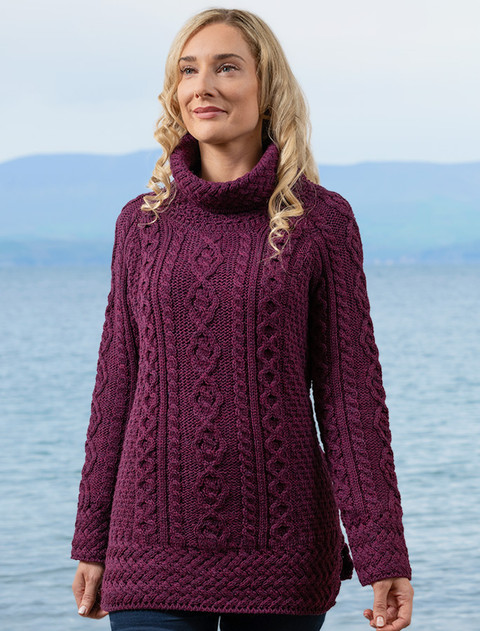 Aran Cowl Neck Tunic Sweater - Very Berry