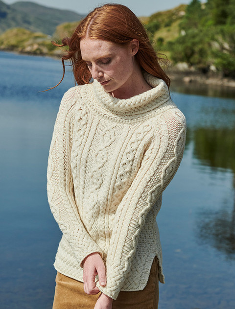 Aran Cowl Neck Tunic Sweater - Natural White