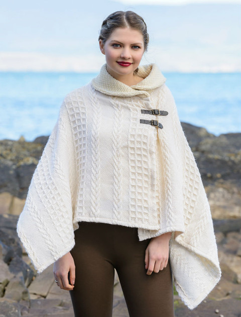 Shawl Collar Poncho with Leather Buckle Detail - White