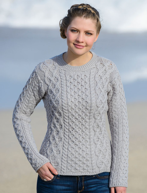 Women's Fisherman Sweater - Aran Sweater - Silver