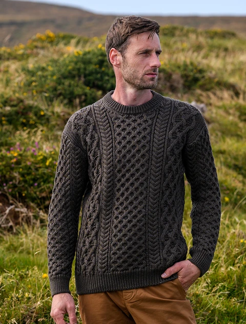 Heavyweight Merino Wool Aran Sweater - color: Forest Marl; type: Front, Primary