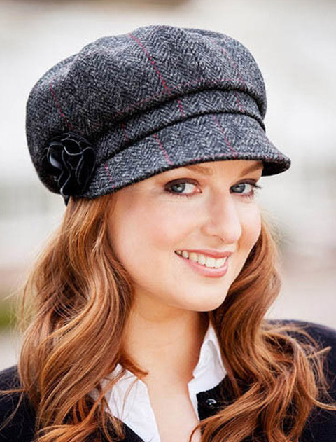 Ladies Newsboy Hat - Charcoal With Red