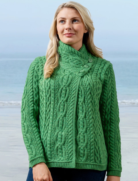 Aran Cable Crossover Neck Sweater - Green