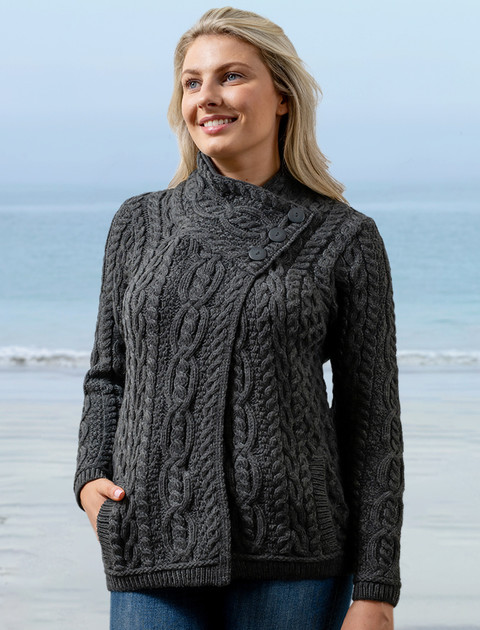 Aran Cable Crossover Neck Sweater - Charcoal