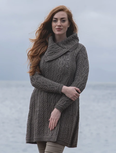 Large Collar Aran Coat - color: Brown; type: Hero, Front