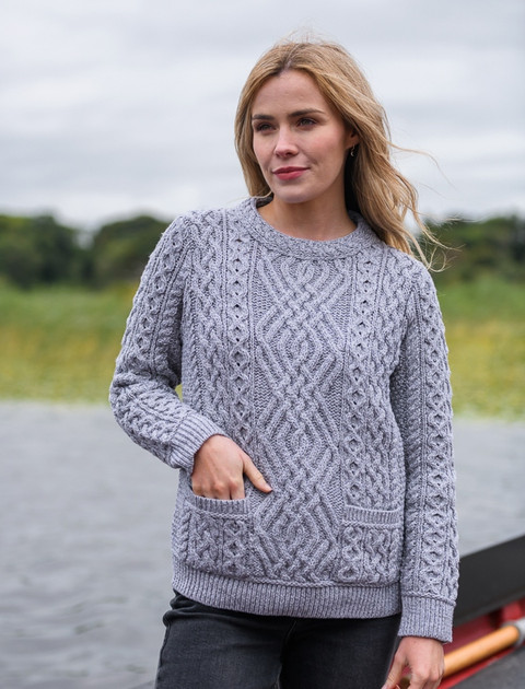 Cable Crew Neck Sweater with Pockets - Soft Grey