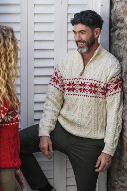 Winter Fair Isle Zip-Neck Aran Sweater - Natural White/Cherry