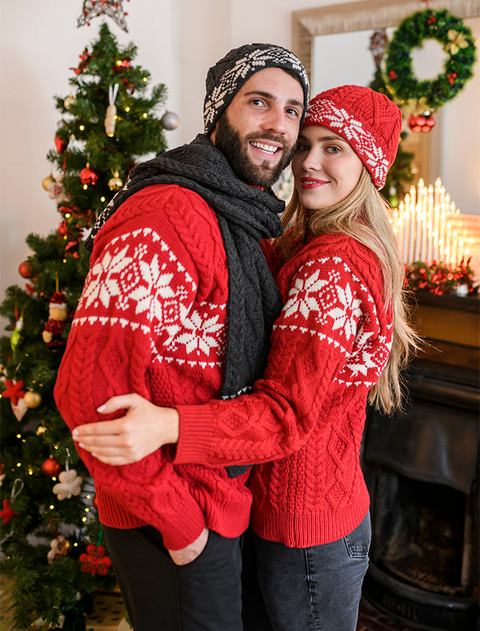 Winter Fair Isle Zip-Neck Aran Sweater -Cherry/Natural White