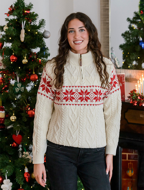 Women's Winter Fair Isle Zip-Neck Aran - Natural/Cherry