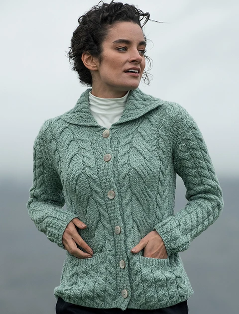 Cable Knit Button-Up Cardigan - Sea Foam Green