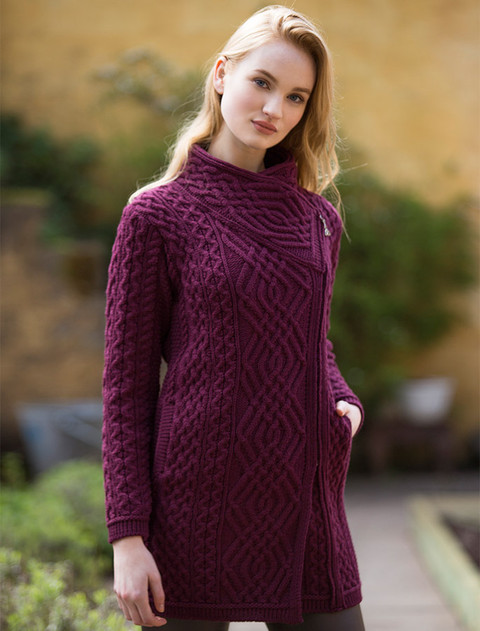 Cable Knit Coatigan with Celtic Knot Side Zip - Wine