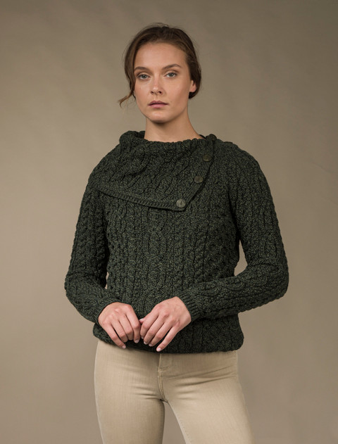Cowl Button Neck Aran Sweater - Army Green