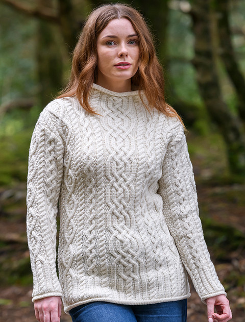 Super Soft Aran Roll Neck Sweater - White