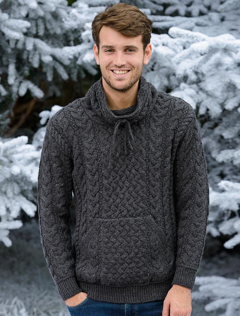 Men's Cowl Neck Aran Sweater - Charcoal (CatImage_/christmas-for-him) (CatImage_/aran-christmas-store)